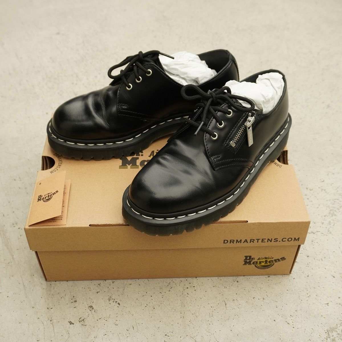 正規 美品 Dr. Martens ドクターマーチン 1461 ZIP BEX WS ホワイト ステッチ 3ホール レザー シューズ 41100001 UK7 本物 ブラック黒3677Q♪