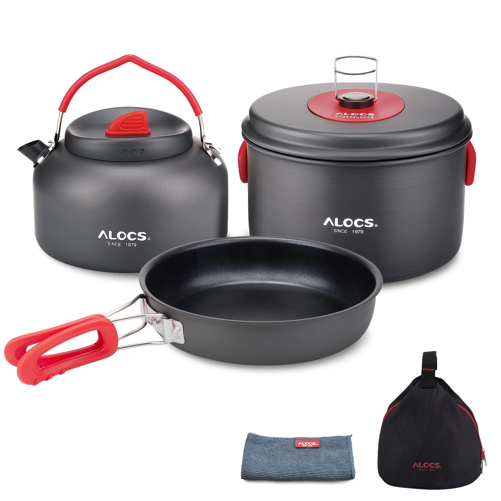 Alocs 5pcs キャンプ用調理器具 折り畳み式キャンプ 鍋 アウトドア ケトル 登山用品 アルミクッカー 軽量クッカーセット 収納袋付き 2-3人に適応as
