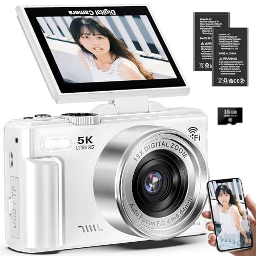 デジカメ 5K録画 7500万画素 スマホに送れる デジタルカメラ Wi-Fi機能 オートフォーカス 自撮り 18倍デジタルズーム 連続撮影 180度回転可能ディスプレイ 3.0インチスクリーン 16GBマイクロSDカード付き 1200mAh 160761ea