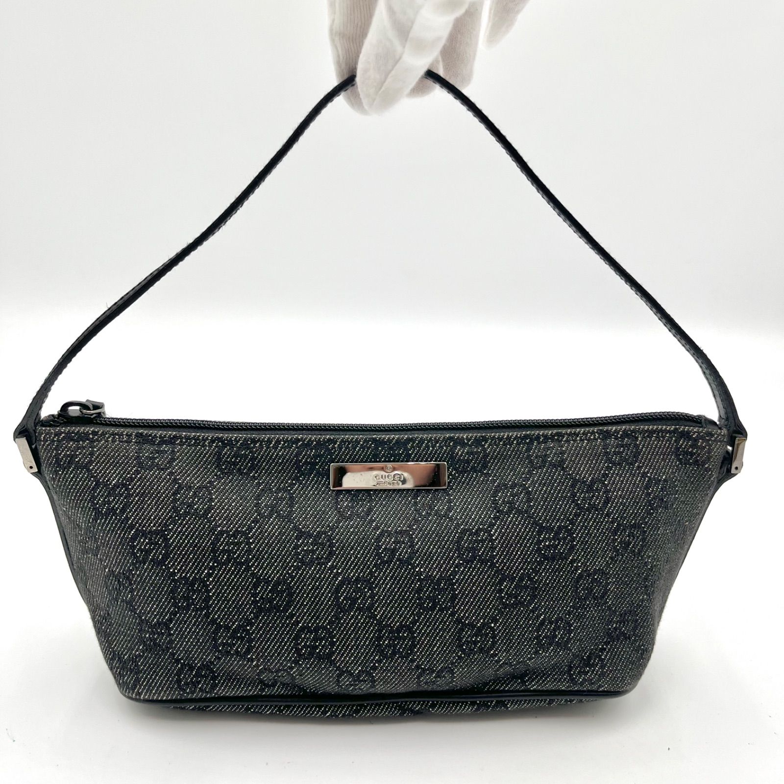 極美品◎GUCCI グッチ GGキャンバス ゴールド金具 アクセサリーポーチ ハンドバッグ ブラック 07198