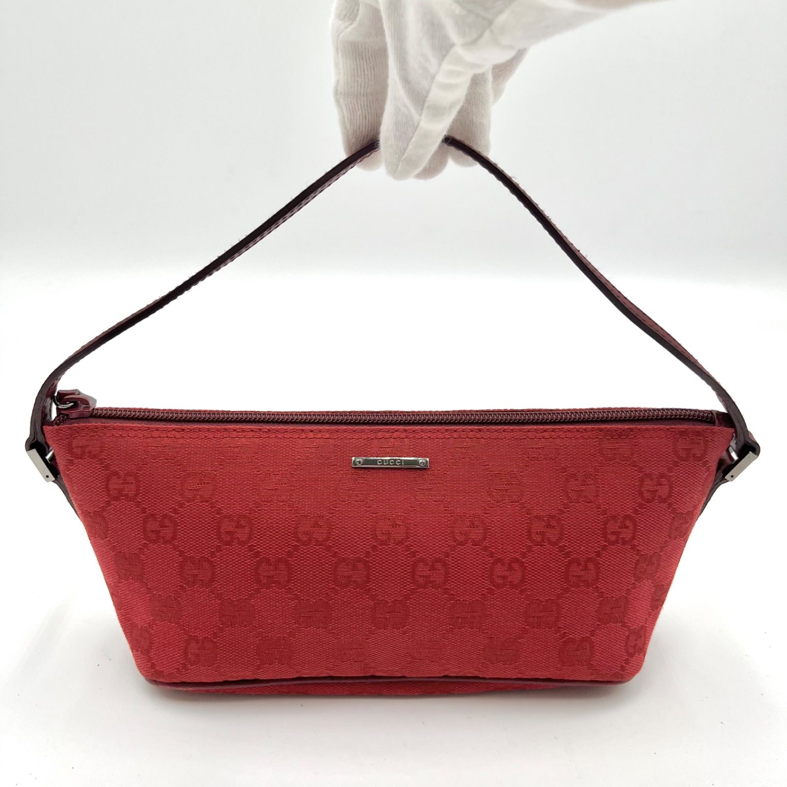 極美品◎GUCCI グッチ GGキャンバス ゴールド金具 アクセサリーポーチ ハンドバッグ レッド