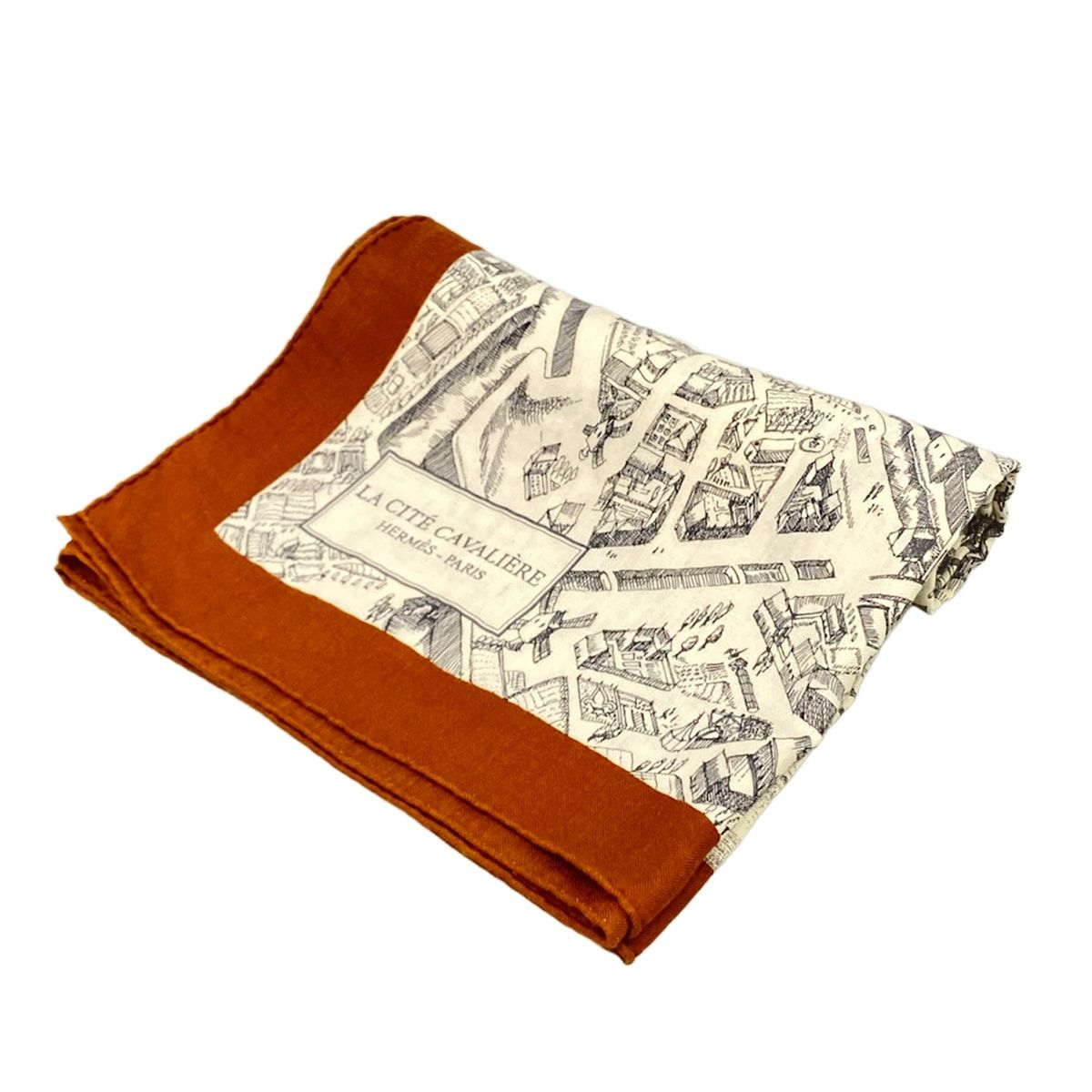 エルメス ストール(ショール) カレジェアン/カレ140 アイボリー×ブラウン×黒 La Cite Cavaliere(シテカヴァリエール) カシミヤ、シルク