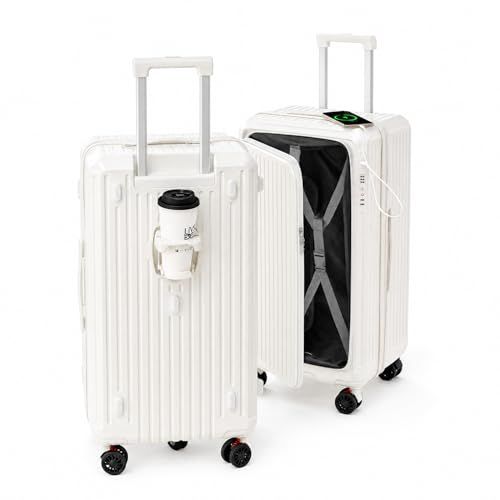 [AORTD] スーツケース フロントオープン 多機能 キャリーケース 軽量 拡張機能付き カップホルダー・USBポート・サイドフック・TSAロック搭載 静音ダブルキャスター 大容量 旅行 ビジネス 出張 修学 (ホワイト, Mサイズ/3?6泊pms