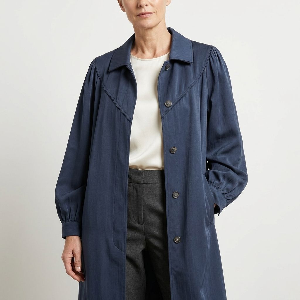 【k】　YUES SAINT LAURENT　ステンカラーコート濃紺　A5 ネイビー ロングコート 無地 シンプル カジュアル きれいめ Yves Saint