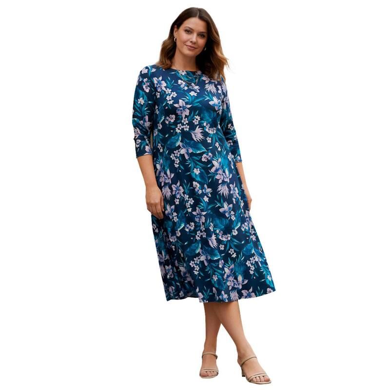 ロアマンズ レディース トップス ワンピース プラスサイズ Roamans Womens Plusize 34 Sleeve Boatneck Swing Dress Navy Tropical Or