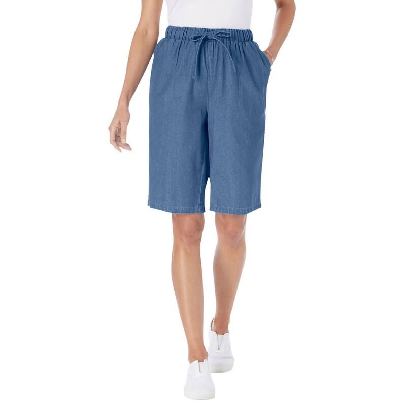 ウーマン ウィズイン レディース ボトムス ハーフパンツ・ショーツ プラスサイズ デニム Woman Within Plusize Drawstring Denim Short Stonewash デ