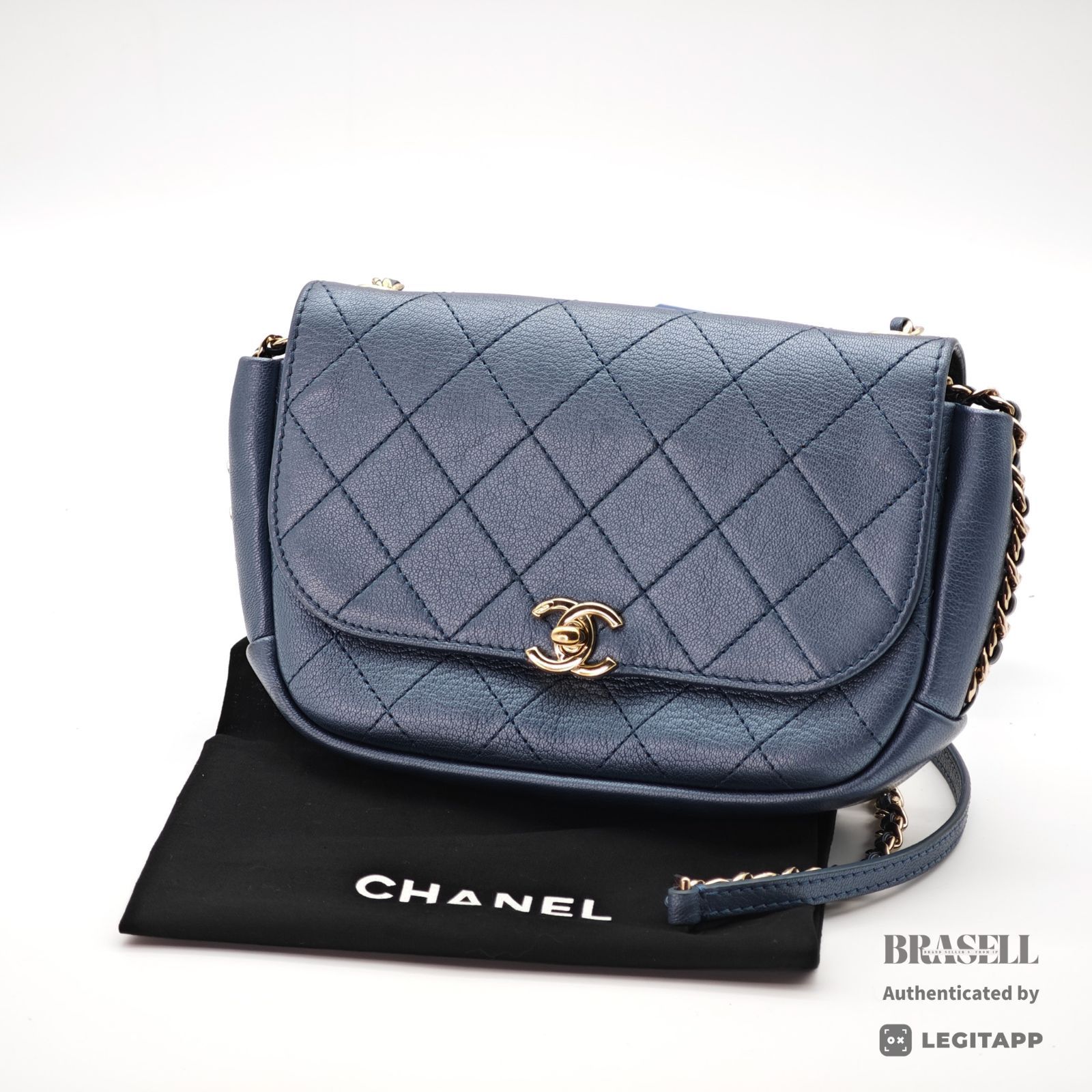 CHANEL マトラッセメタリック バッグ ショルダーバッグ 筒 ミニバッグ メイクBOX ブルー レディース 保存袋