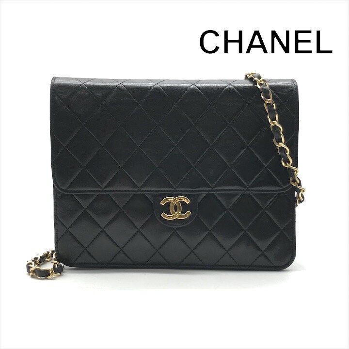 良品 CHANEL シャネル ココマーク マトラッセ チェーン ショルダー バッグ プッシュロック ラムスキン レザー レディース ブラック r1564