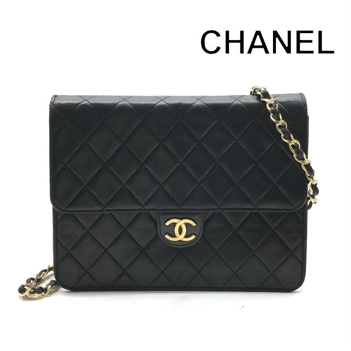 良品 CHANEL シャネル ココマーク マトラッセ チェーン ショルダー バッグ プッシュロック ラムスキン レザー レディース ブラック r1700