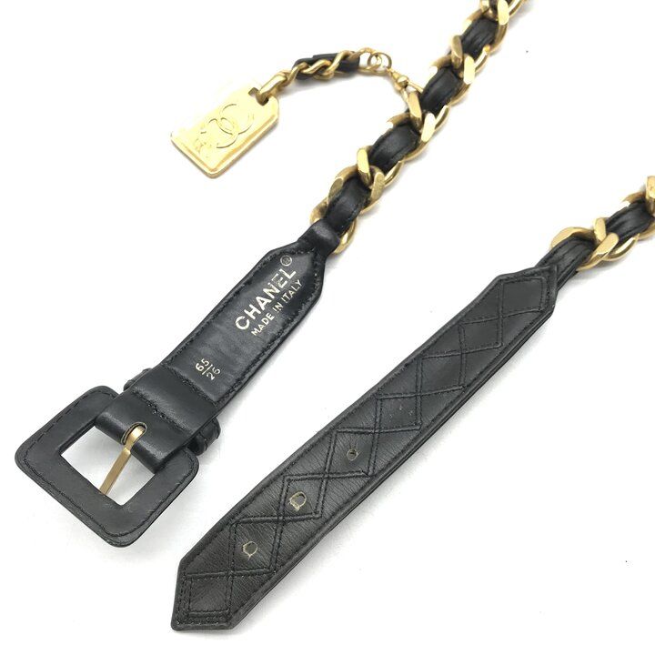 CHANEL シャネル ヴィンテージ レザーチェーンベルト ゴールド 美品 格安 良品 CHANEL シャネル ロゴ プレート ゴールド金具 ヴィンテージ