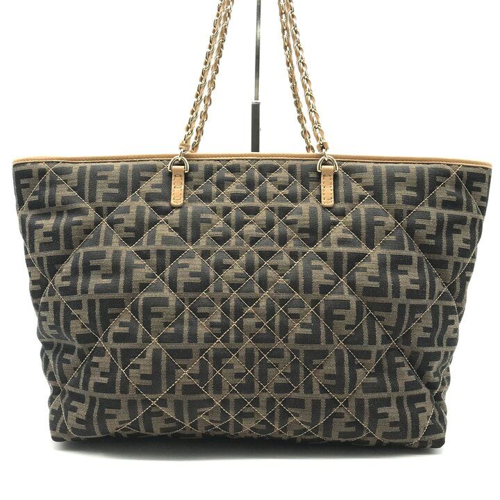 美品 FENDI フェンディ ズッカ キャンバス レザー キルティング トート 