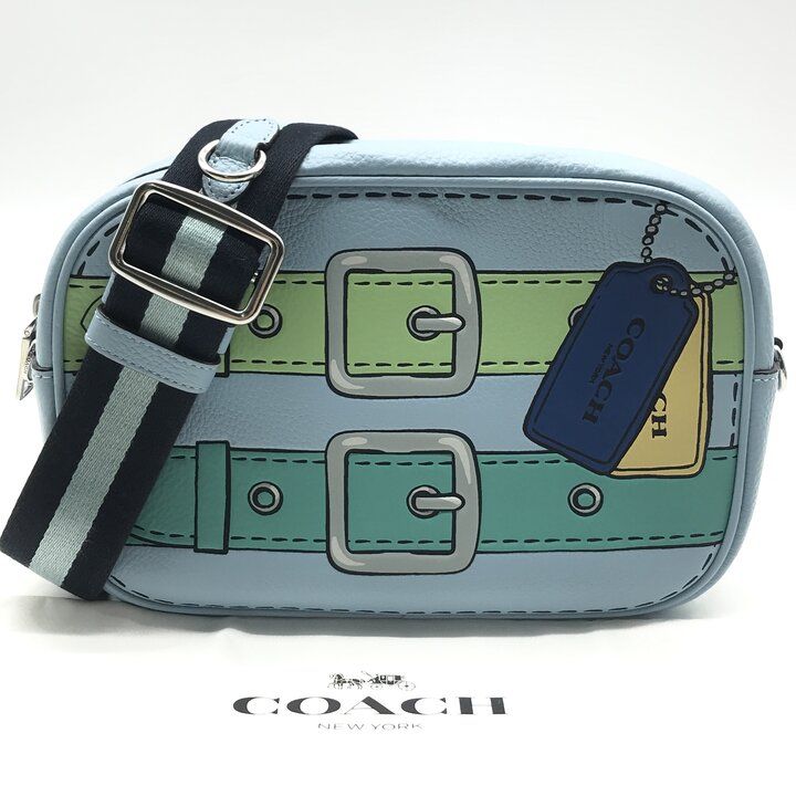 未使用保管品 COACH コーチ トロンプルイユ ベルト プリント レザー ショルダー カメラバッグ レディース ファッション ブルー y218