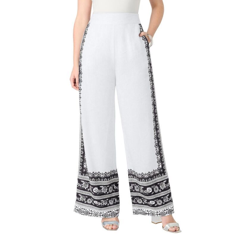 ロアマンズ レディース ボトムス カジュアルパンツ ワイドレッグ プラスサイズ プリント Roamans Womens Plusize Printed Wide Leg Pant White Vine