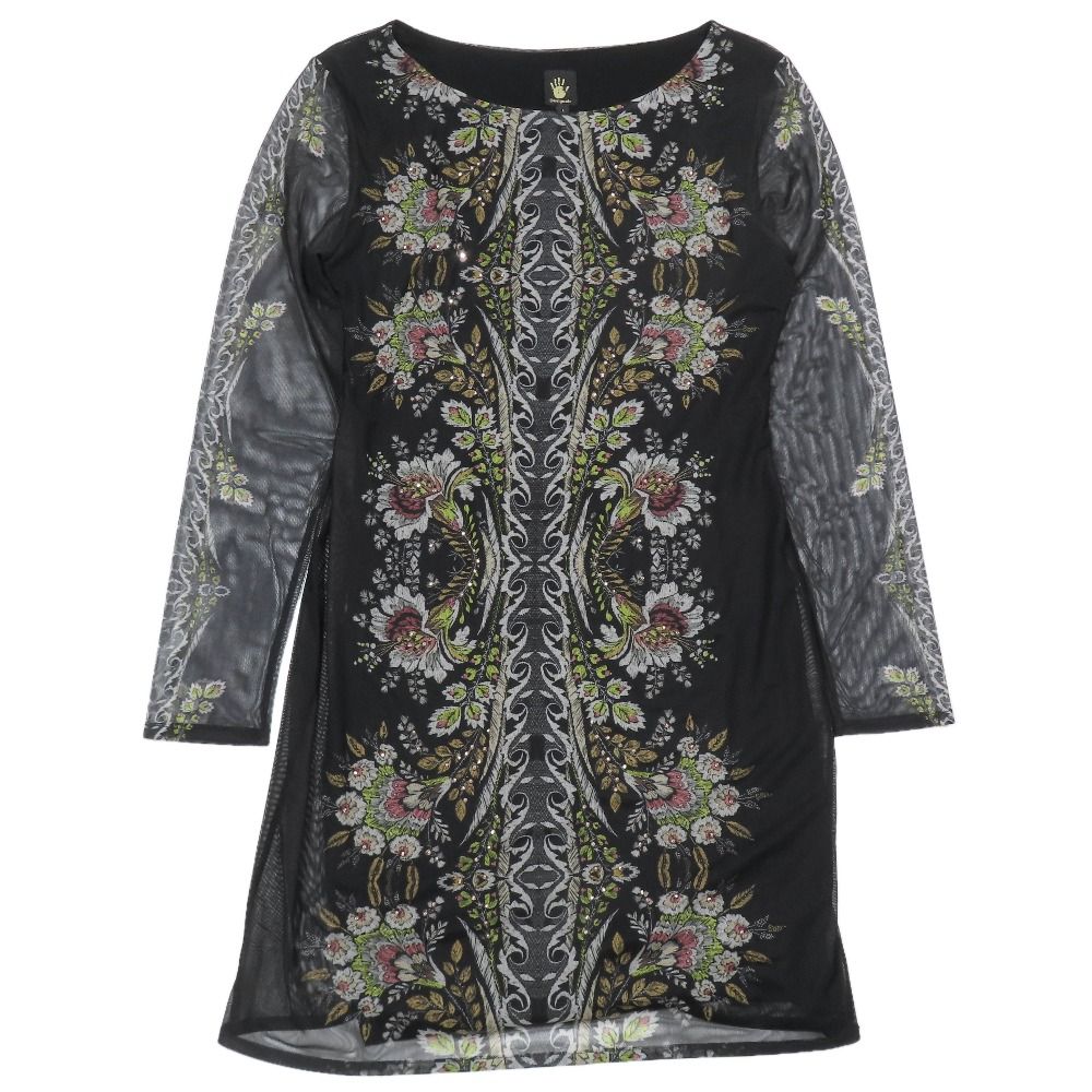 美品 Desigual デシグアル パワーネット ワンピース チュニック 長袖 ハーフ 膝丈 カットソー シースルー L ブラック レディース 古着 中古 USED