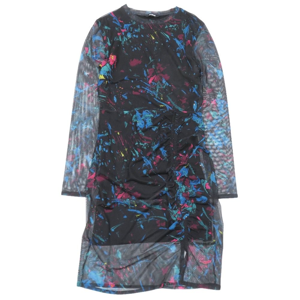 美品 Desigual デシグアル パワーネット ワンピース ドレス チュニック 長袖 ハーフ 膝丈 カットソー シースルー M ブラック レディース 古着 中古 USED