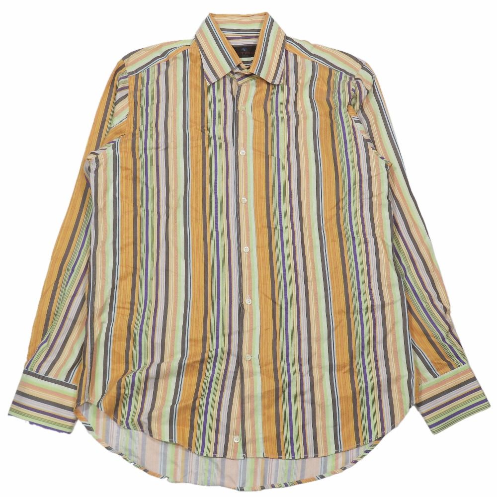 美品 ETRO エトロ マルチストライプ シャツ 長袖 カットソー コットン M オレンジ マルチカラー メンズ 古着 中古 USED