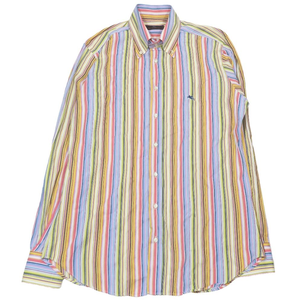 美品 ETRO エトロ マルチストライプ シャツ 長袖 ボタンダウン カットソー コットン 41 マルチカラー メンズ 古着 中古 USED