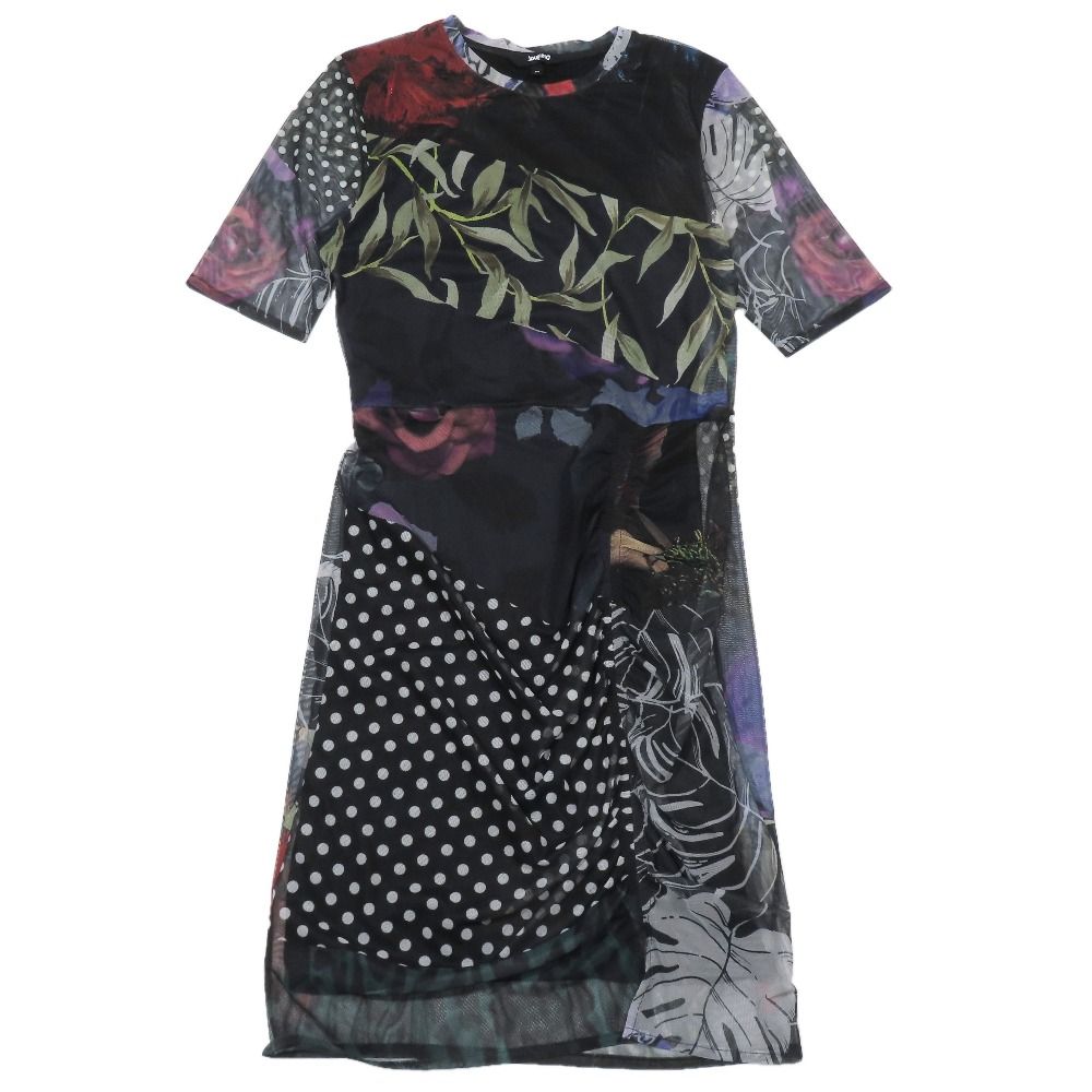美品 Desigual デシグアル パワーネット ワンピース チュニック 半袖 ハーフ 膝丈 カットソー シースルー M ブラック レディース 古着 中古 USED
