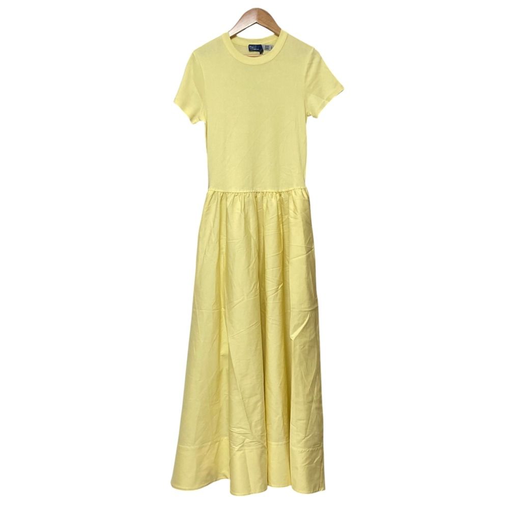 未使用 Polo by Ralph Lauren ポロバイラルフローレン コットンポプリン 半袖 フレア マキシワンピース M イエロー レディース 古着 中古 USED