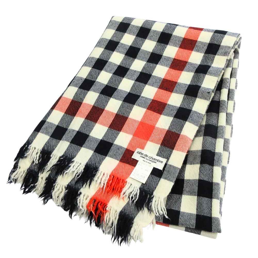 美品 robe de chambre COMME des GARCONS ローブドシャンブルコムデギャルソン ストール ショール マフラー チェック 紺 白 オレンジ レディース 古着 中古 USED