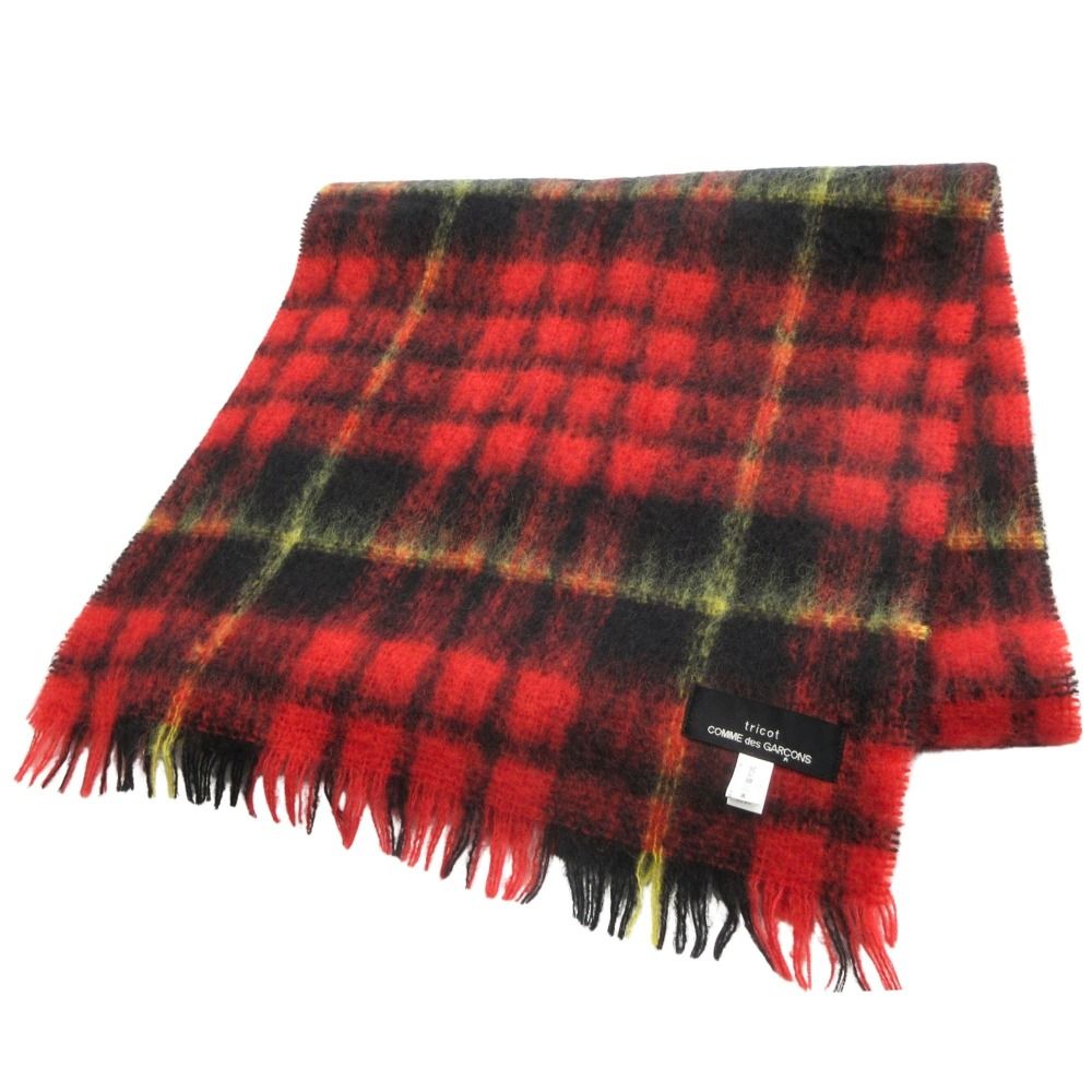 美品 tricot COMME des GARCONS トリココムデギャルソン 19AW モヘヤ混 ウール ストール ショール マフラー タータンチェック柄 赤 メンズ レディース 古着 中古 USED