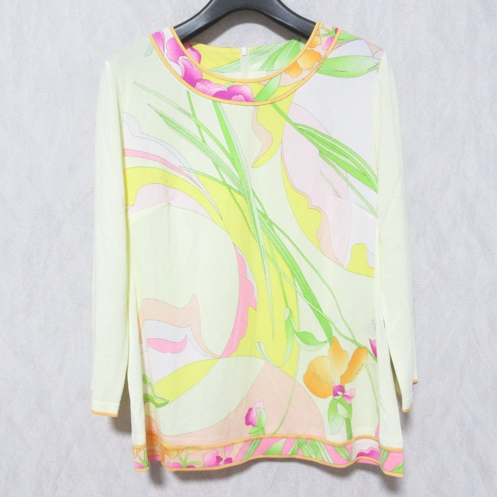 美品 LEONARD FASHION レオナールファッション フラワープリント カンカンストレッチ ブラウス 0147710 サイズ38 レモンイエロー レディース 古着 中古 USED