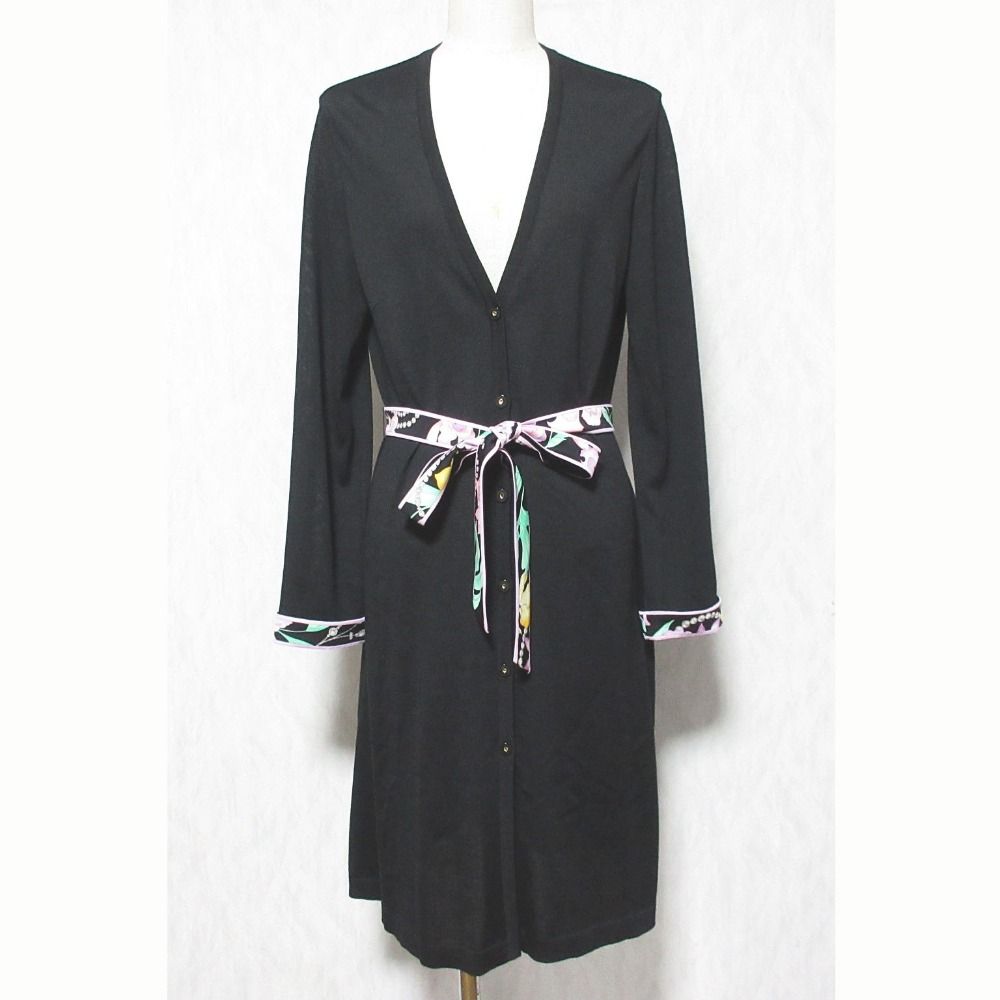 美品 LEONARD FASHION レオナールファッション フラワープリントトリム ロングニットカーディガン 0397732 サイズ38 ブラック レディース 古着 中古 USED