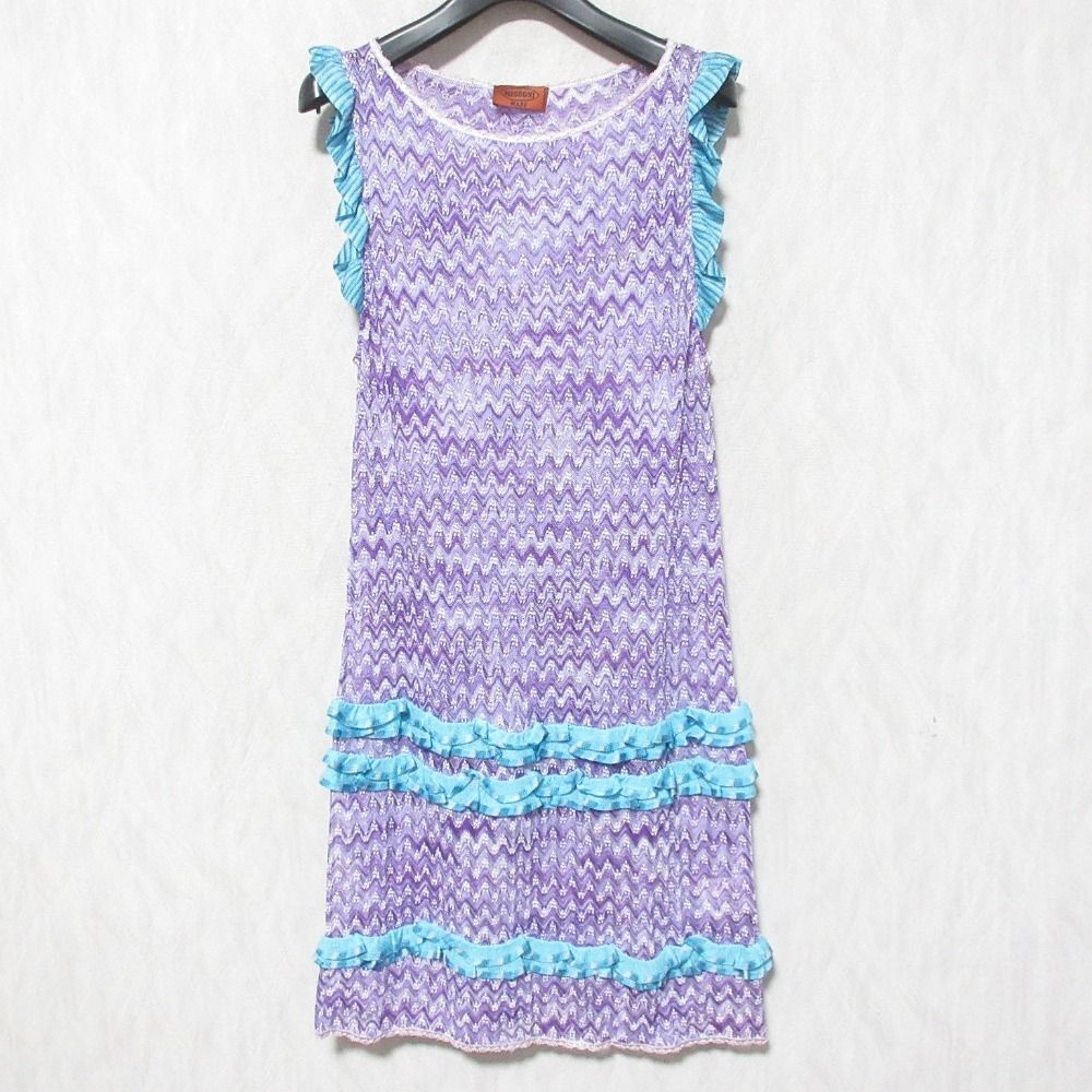 良品 MISSONI ミッソーニ フリル ノースリーブ シアーワンピース 163092 サイズ40 パープル レディース 古着 中古 USED