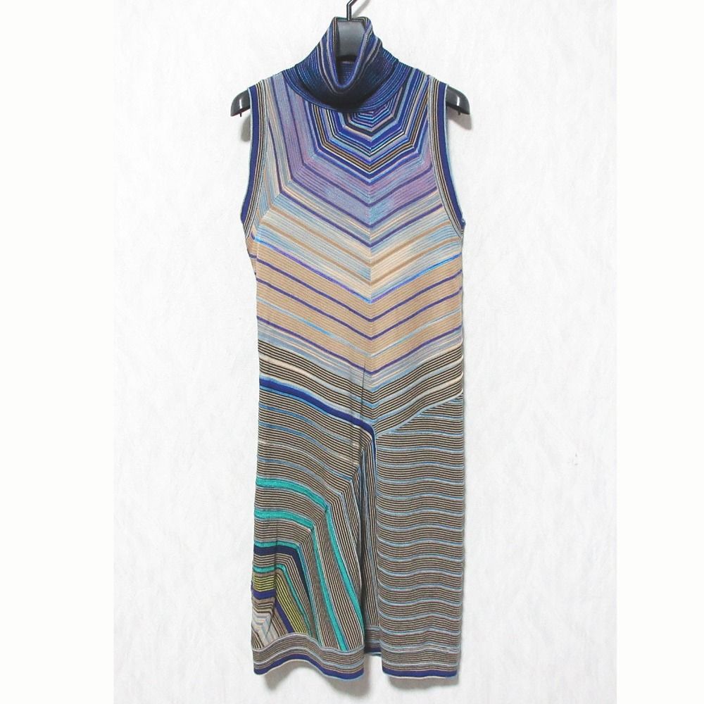 美品 MISSONI ミッソーニ タートルネック マルチボーダー ワンピース サイズ40 マルチカラー レディース 古着 中古 USED