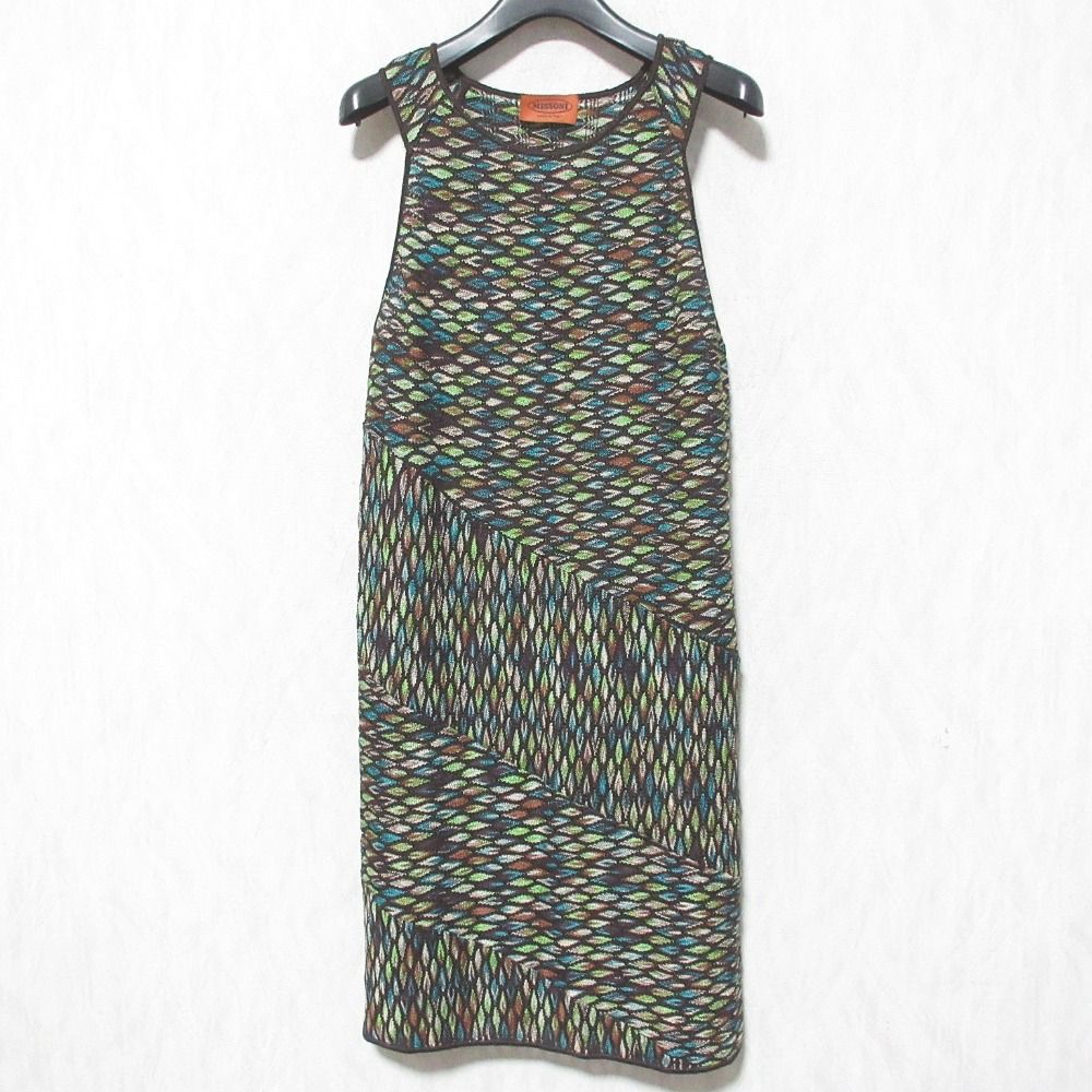 美品 MISSONI ミッソーニ 総柄ジャガード ノースリーブワンピース サイズ40 ブラウン マルチカラー レディース 古着 中古 USED