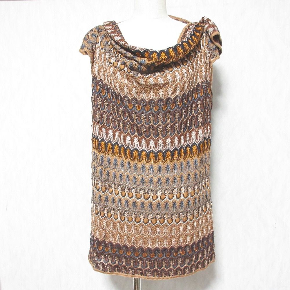 美品 MISSONI ミッソーニ 総柄ジャガード ショートスリーブ ミニワンピース チュニック サイズ40 ブラウン オレンジ ベージュ レディース 古着 中古 USED