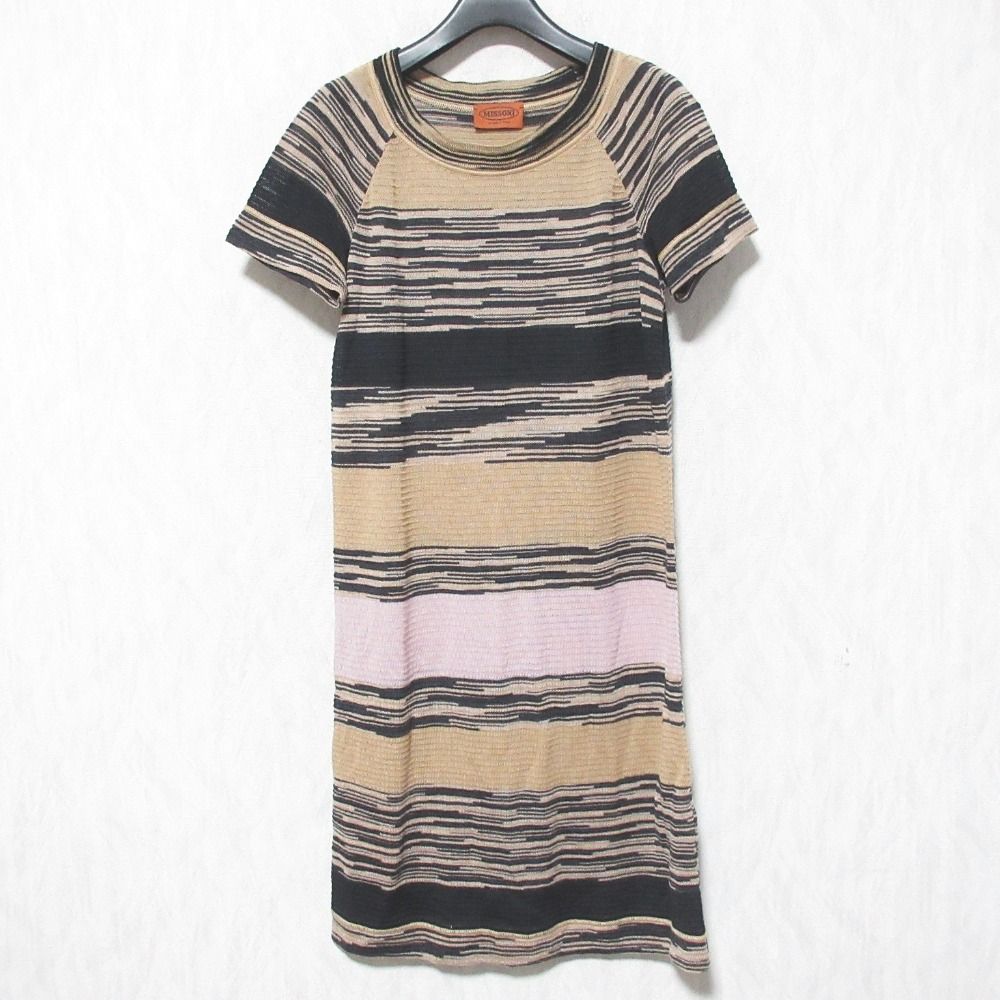 美品 MISSONI ミッソーニ マルチボーダー ストレッチ ワンピース 159715 40 ベージュ ブラック ピンク レディース 古着 中古 USED