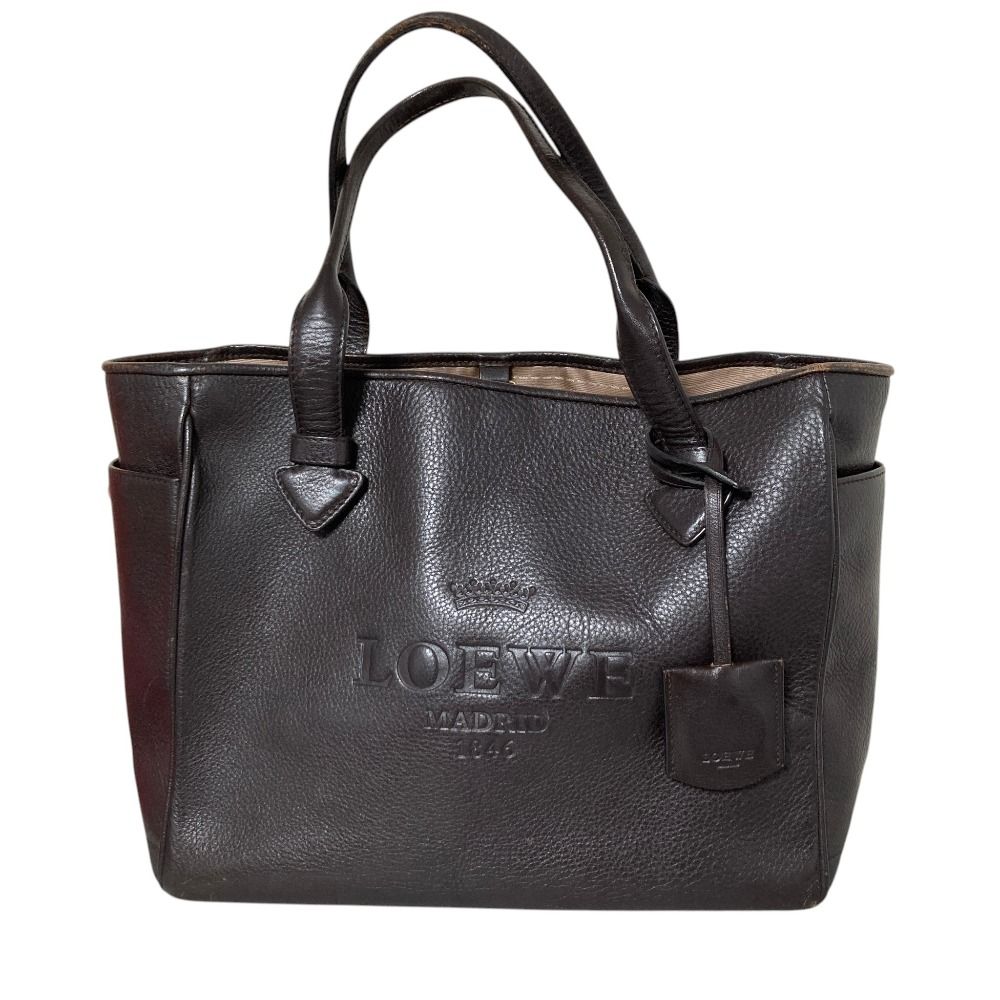 良品 LOEWE ロエベ ヘリテージ MADRID1846 ロゴ型押し レザー トートバッグ ダークブラウン レディース 古着 中古 USED