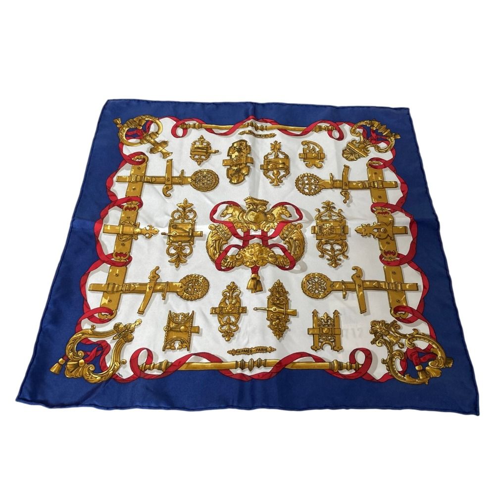 良品 HERMES エルメス カレ45 FERRONNERIE 鉄細工 シルクスカーフ ブルー ホワイト レディース 古着 中古 USED