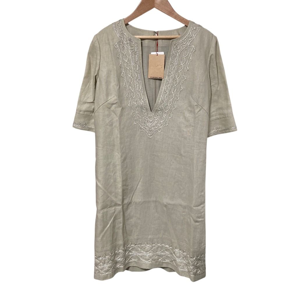 未使用 VIVIENNE TAM ヴィヴィアンタム Vネック リネンドレス ワンピース サイズ0 ベージュ レディース 古着 中古 USED