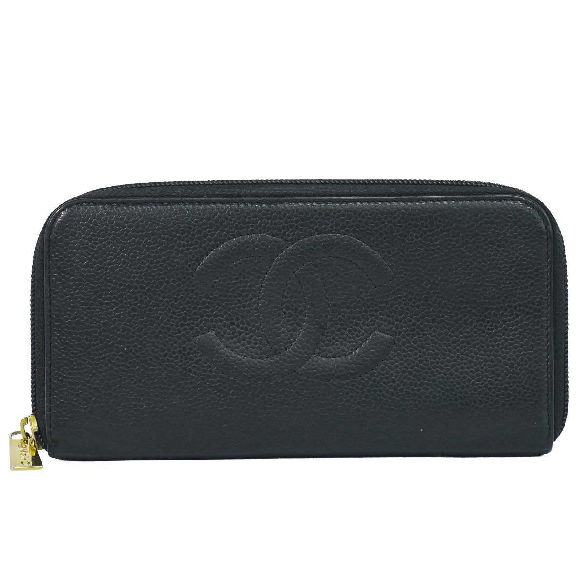 本物 シャネル CHANEL ココマーク ラウンドファスナー 長財布 ロングウォレット キャビアスキン レザー ブラック Coco Mark 財布 ウォレット 中古・