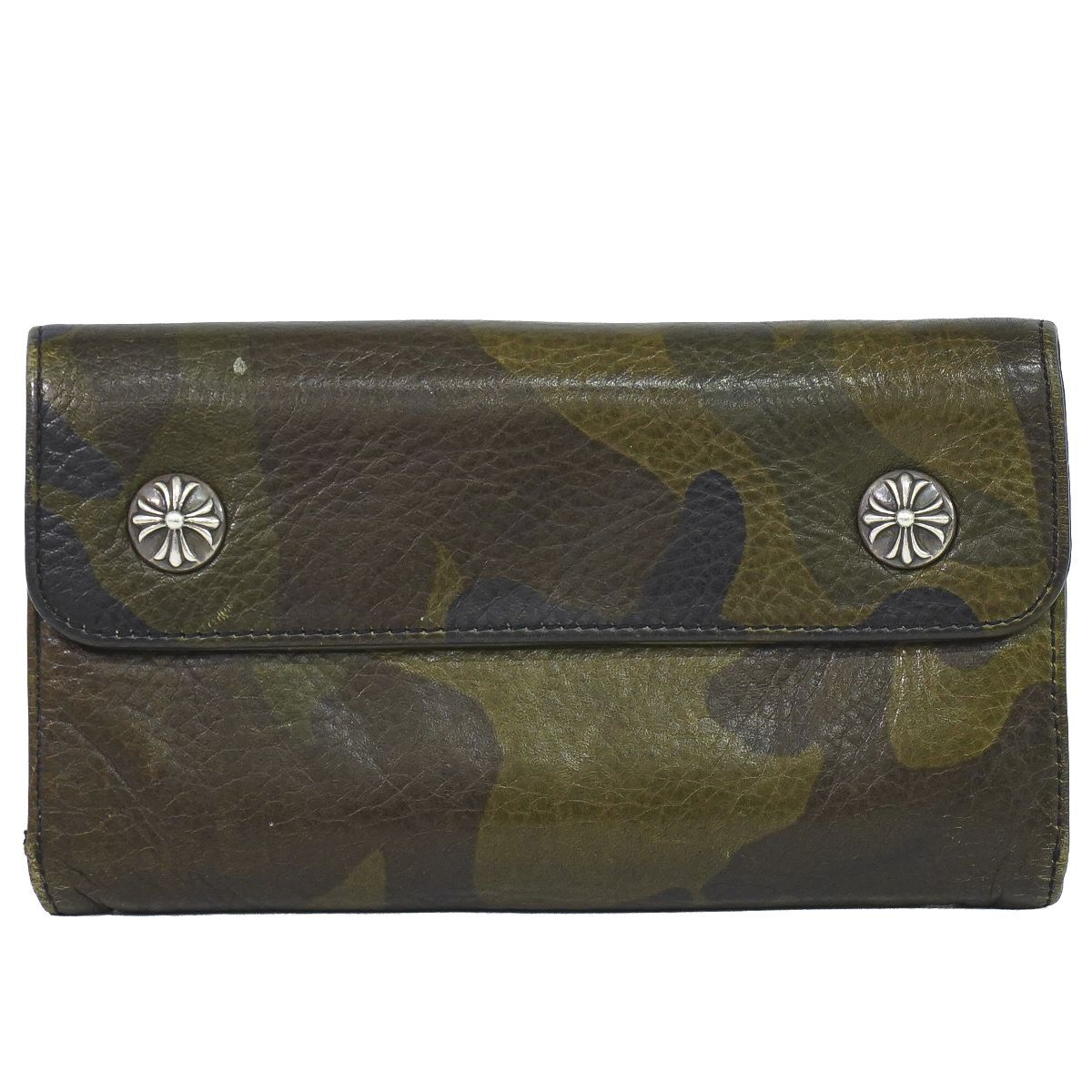 本物 クロムハーツ CHROME HEARTS ウェーブウォレット カモフラージュ 迷彩柄 長財布 ロングウォレット レザー カーキ WAVE 財布 ウォレット 中古・