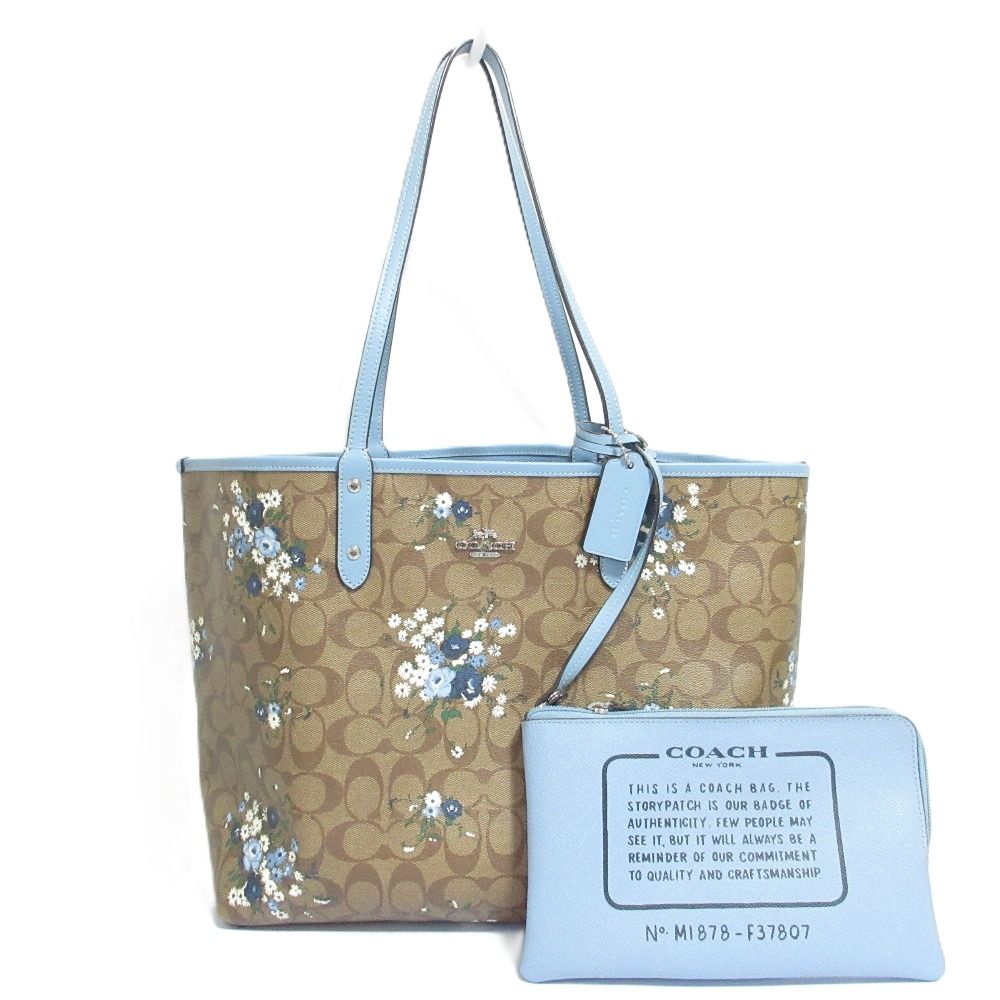 良品 COACH コーチ シグネチャー フローラル バンドル プリント リバーシブル シティー トート バッグ F37807 ブラウン ライトブルー レディース 古着 中古 USED