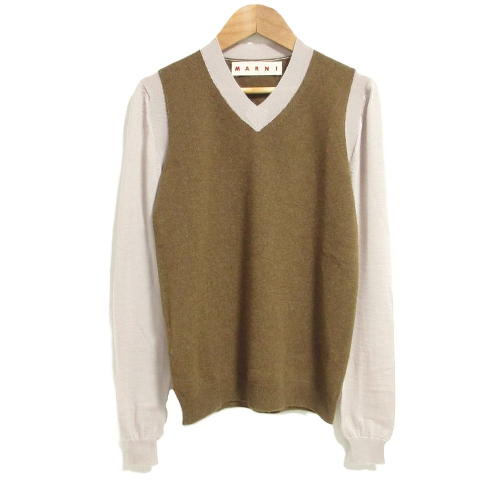 美品 MARNI マルニ カシミヤ100％ Vネック フェイクレイヤード ニット セーター 38サイズ ブラウン×ピンク レディース 古着 中古 USED