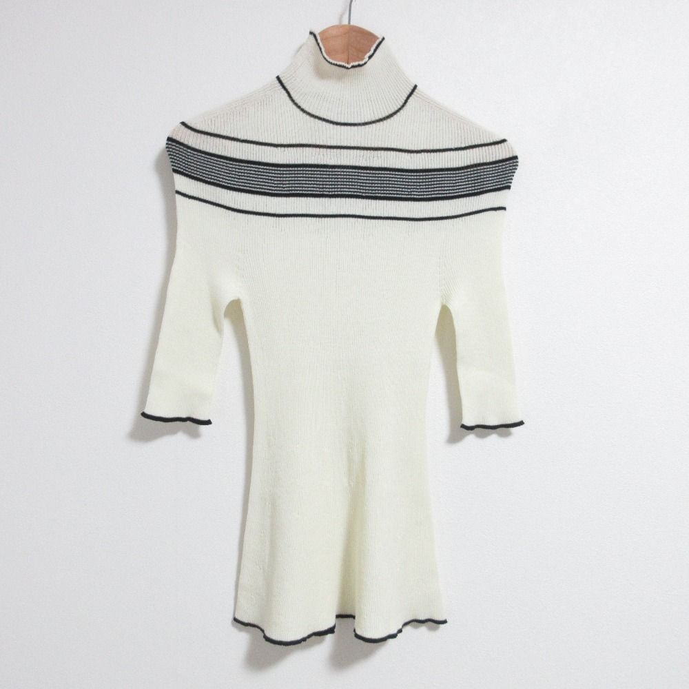 美品 JIL SANDER ジルサンダー バックスリット ハイネック ハーフスリーブ リブニット カットソー 34 アイボリー×ブラック レディース 古着 中古 USED