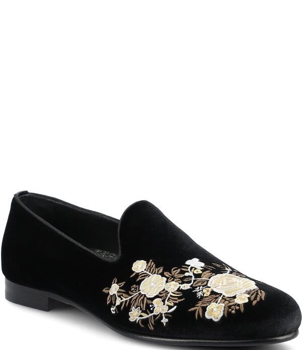 タフト メンズ シューズ スリッポン・ローファー フラワー柄 ベルベット 刺繍 フラワー Taft Mens Estate Floral Embroidered Velvet Loafers Blac