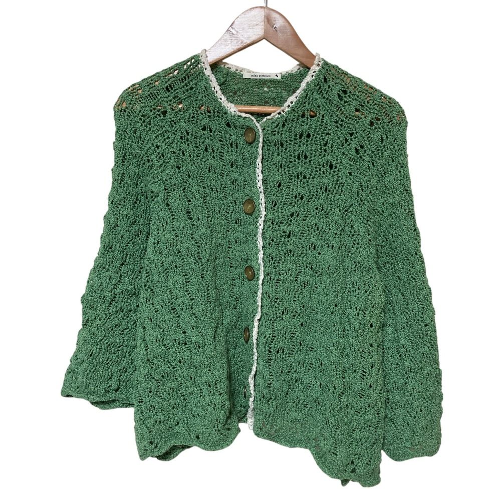 美品 mina perhonen ミナペルホネン air scape コットン混透かし編みニットカーディガン 36 グリーン レディース 古着 中古 USED
