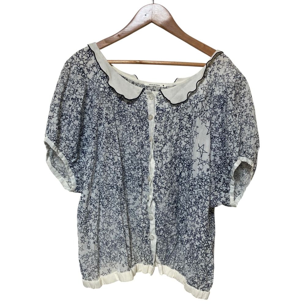 美品 mina perhonen ミナペルホネン galileo シルクブレンド ブラウス ns1371 サイズ36 ホワイト ネイビー レディース 古着 中古 USED