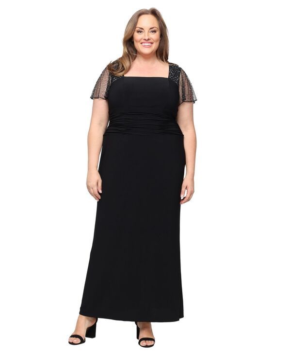 エスエルファッションズ レディース トップス ワンピース ギャザー SL Fashions Womens Beaded FlutterSleeve Ruched Gown Black ブラック