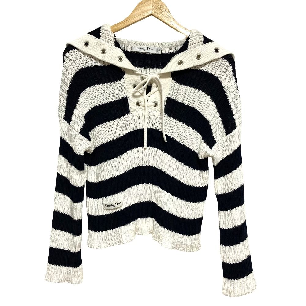 美品 25SS Christian Dior クリスチャンディオール セーラーカラーニットトップス 524S13A7025 サイズ38 ホワイト ネイビー レディース 古着 中古 USED