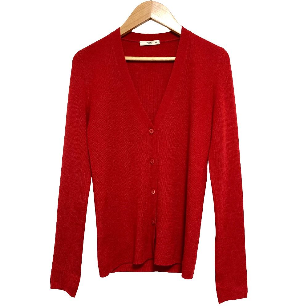 美品 PRADA プラダ カシミヤ シルク Vネック ニットカーディガン サイズ40 レッド レディース 古着 中古 USED