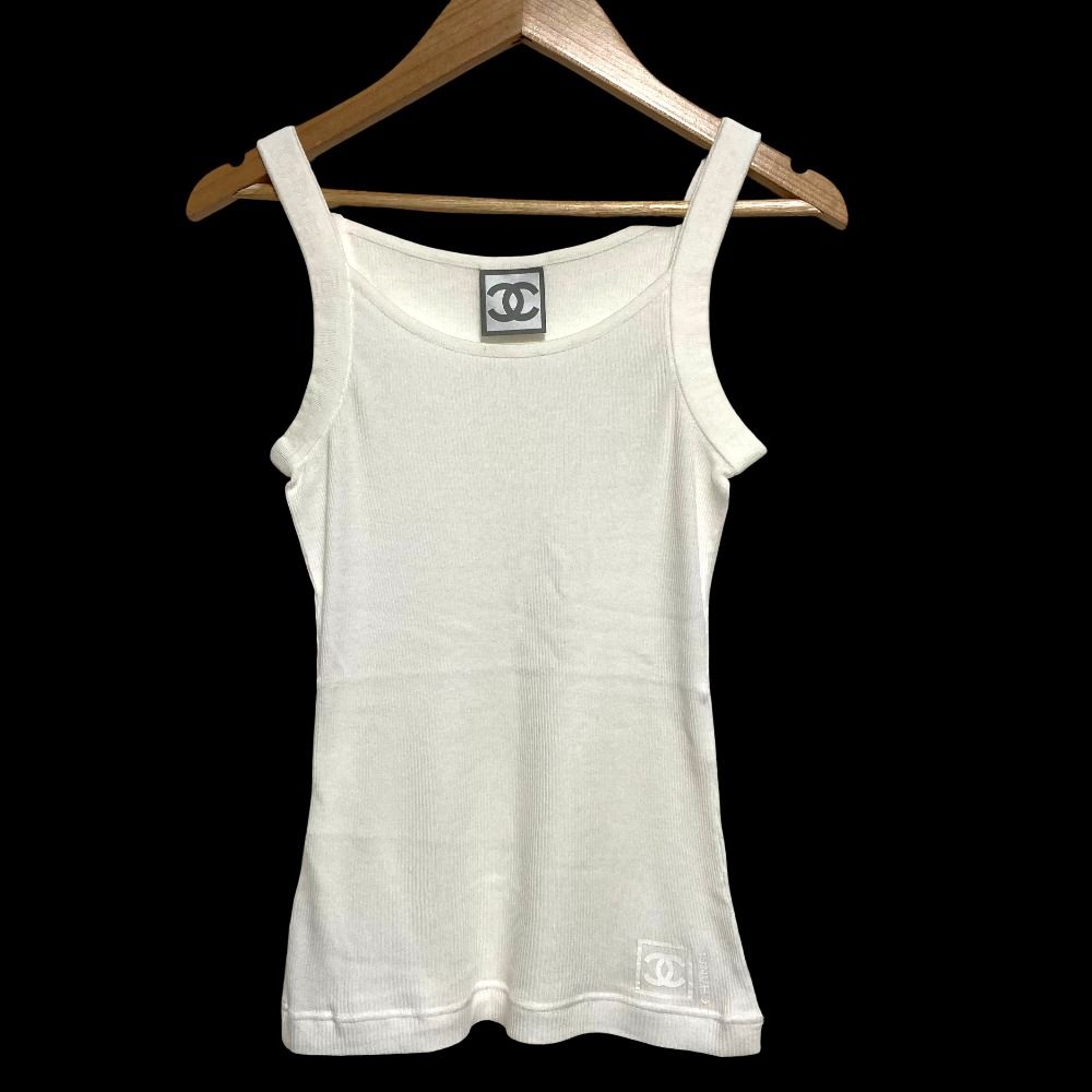 美品 CHANEL SPORTS シャネルスポーツ ココマークプリント リブニット タンクトップ ノースリーブカットソー ホワイト レディース 古着 中古 USED