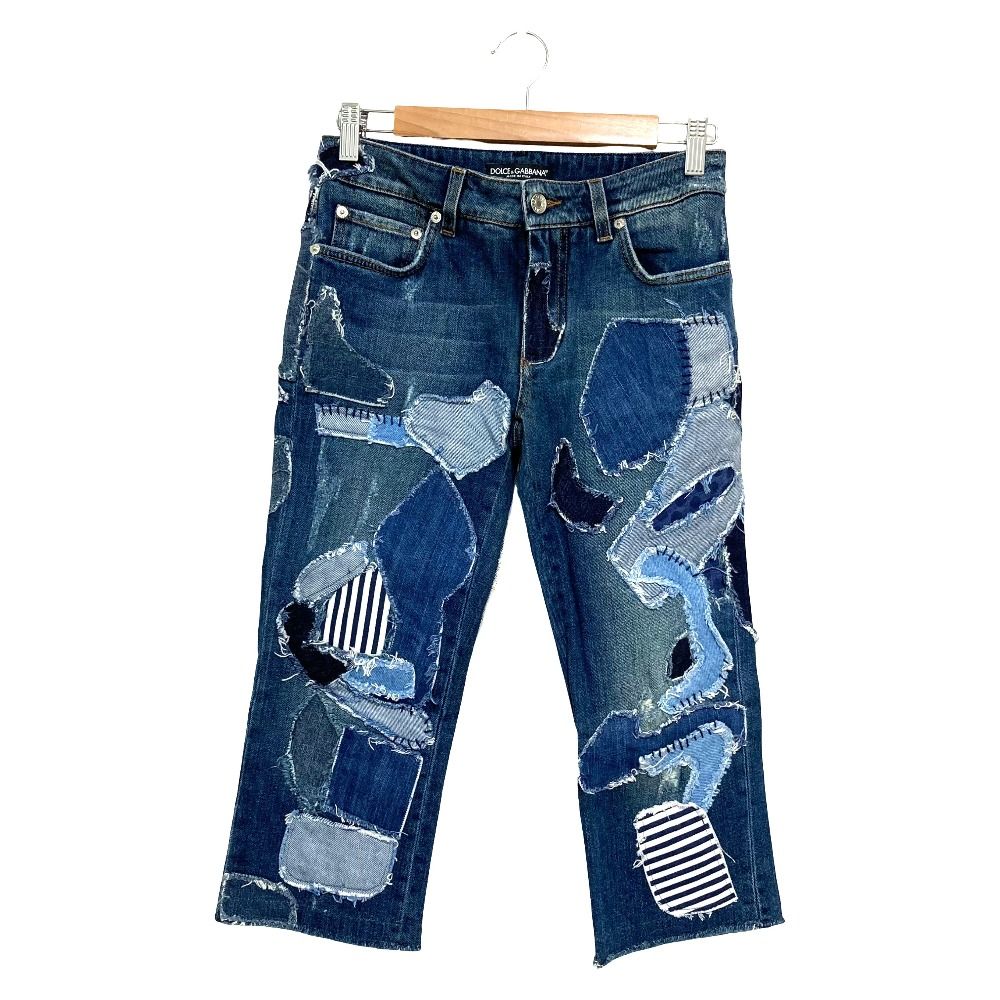 美品 DOLCE&GABBANA ドルチェアンドガッバーナ 再構築 パッチワーク クロップド デニムパンツ サイズ38 インディゴ レディース 古着 中古 USED