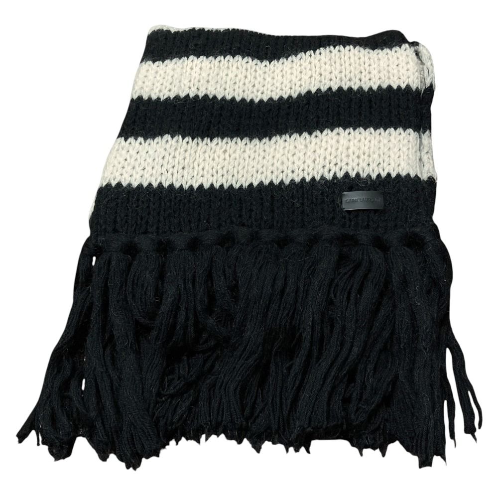 美品 SAINT LAURENT サンローラン モヘヤブレンド フリンジ ボーダー ニットマフラー ブラック アイボリー メンズ レディース 古着 中古 USED