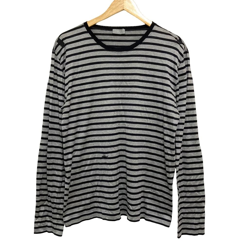 美品 Dior Homme ディオールオム エディ期 BEE刺繍 ボーダー ロングスリーブ Tシャツ カットソー サイズL グレー メンズ 古着 中古 USED